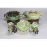 A pair Chinese jadeite temple dogs, two carved hardstone censers and a bowl, largest censer 16cm