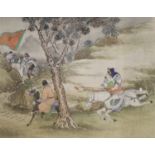 Japanese School, watercolour on silk, soldiers on horseback, 27 x 34cm.