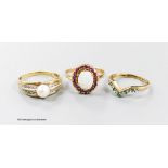 Two 9ct gold and gem set rings, ruby and white opal cluster and emerald and diamond herringbone and