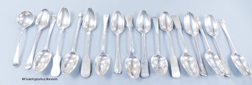 Ten assorted 18th century silver tablespoons and a similar sauce ladle, various pattern, dates and