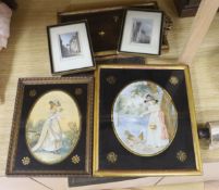 A group of framed silkworks, etc.