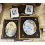 A group of framed silkworks, etc.