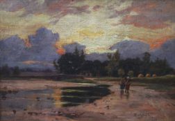 William Dalgleish (1860-1909)Figures in a landscape at sunsetOil on canvasSigned19 x 27cm.