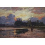 William Dalgleish (1860-1909)Figures in a landscape at sunsetOil on canvasSigned19 x 27cm.
