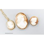 A 9ct gold mounted cameo shell pendant, 21mm, on a 9kt chain, gross 6.1 grams and two cameo shell