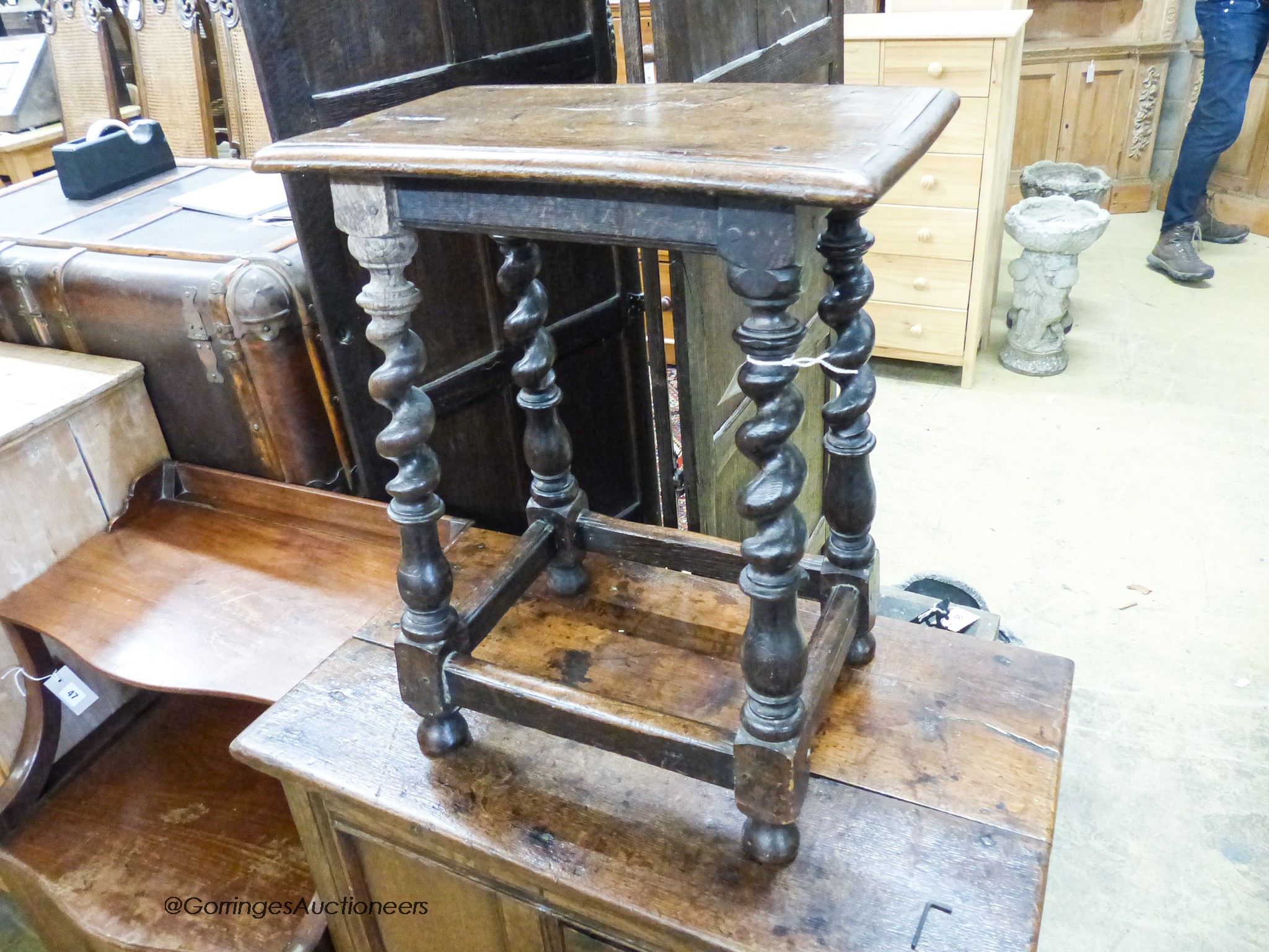 A Victorian 17th century style oak stool, length 46cm, depth 28cm, height 56cm - Image 2 of 5