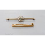 An Edwardian 15ct, aquamarine and seed pearl set bar brooch, 56mm, gross 3.5 grams and a 9ct bar