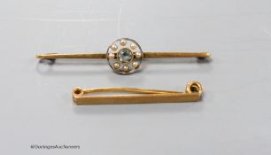 An Edwardian 15ct, aquamarine and seed pearl set bar brooch, 56mm, gross 3.5 grams and a 9ct bar
