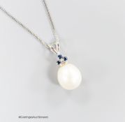 A modern Moire 375 white metal, single stone cultured pearl and three stone sapphire set pendant,