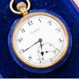 A late 1920's 9ct gold open faced J.W. Benson keyless pocket watch, case diameter 48mm, gross