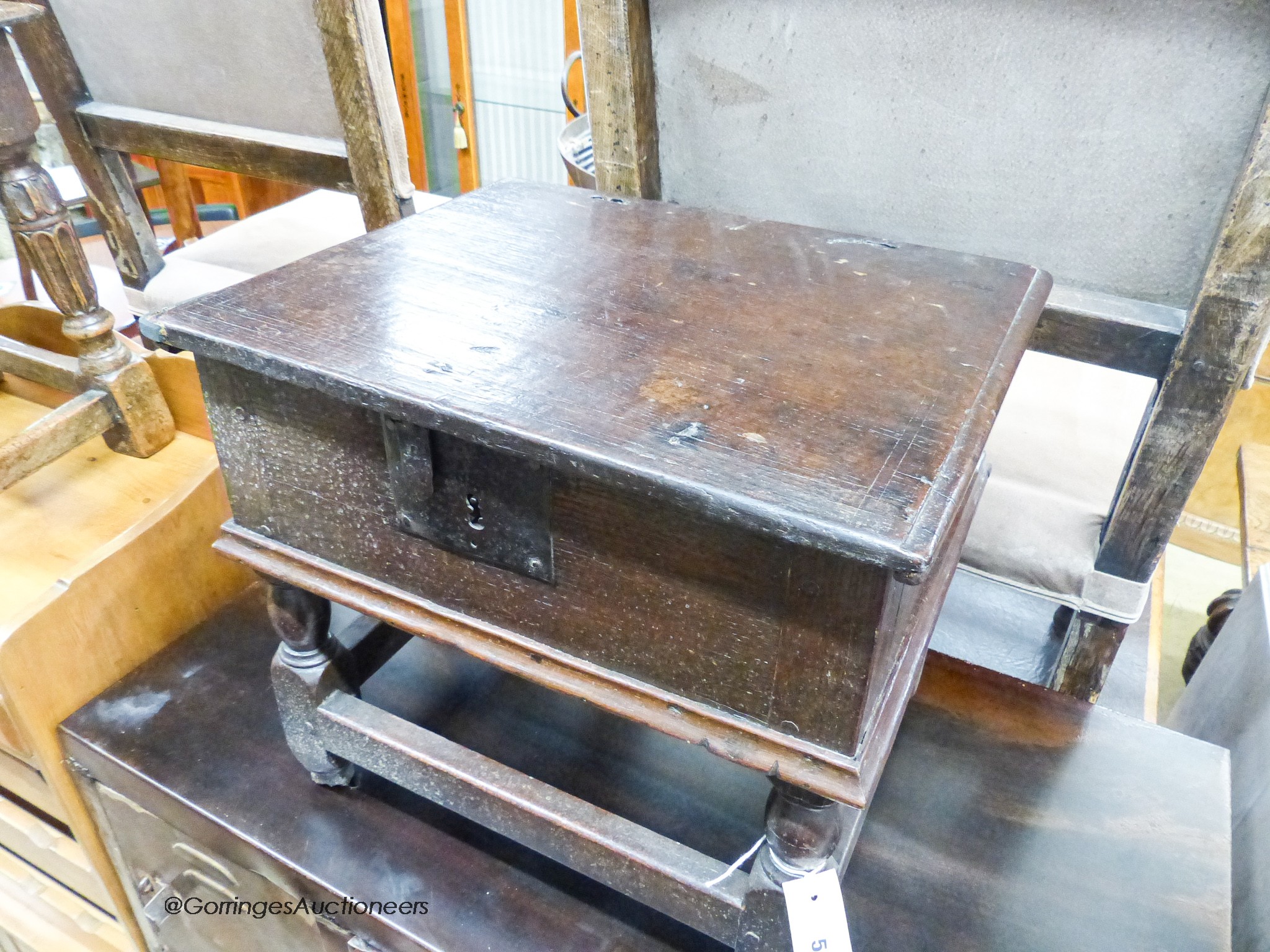 A 17th century oak box stool with hinged rectangular seat, width 46cm, depth 38cm, height 42cm - Image 2 of 3