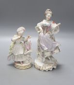 A Meissen figurine, and a continental porcelain figure of a lady with pseudo Derby Mark, tallest