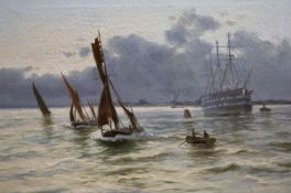 Manner of Edwin Fletcher, oil on canvas warship and fishing boats on an estuary, bears signature,