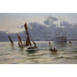 Manner of Edwin Fletcher, oil on canvas warship and fishing boats on an estuary, bears signature,