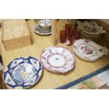A Delft polychrome plate, two Coalport dishes, a dessert set, two lustre dishes and five cranberry