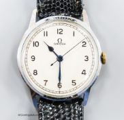 A gentleman's early 1940's stainless steel Omega manual wind wrist watch, case diameter 34mm, on