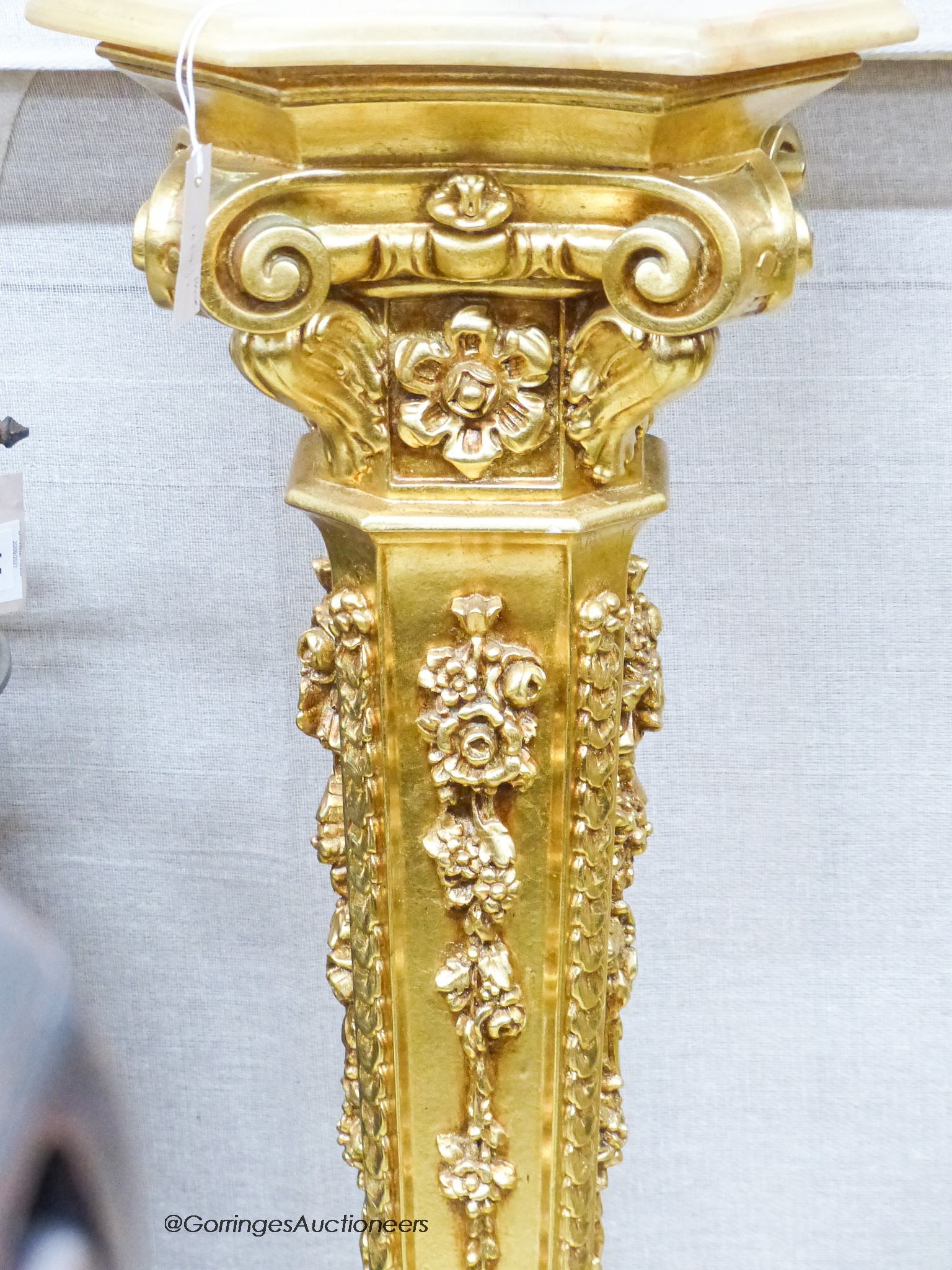 A pair of onyx top gilt pedestals, height 98cm - Image 3 of 3
