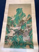 A Chinese scroll painting on silk of pavilions amid rocks and trees, 20th century,Image 91.5 cm X