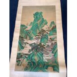A Chinese scroll painting on silk of pavilions amid rocks and trees, 20th century,Image 91.5 cm X