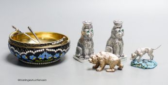 A group of Russian style metalware and a silver and enamel basket