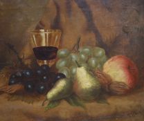 W M Park (19th C), Oil on canvas, still life of fruit and a glass of wine, signed and dated 85, 29