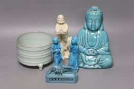 A Chinese turquoise glazed Buddha, height 21cm, a pair of figurines, a robin’s egg glazed model of