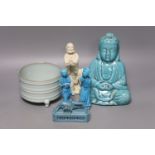 A Chinese turquoise glazed Buddha, height 21cm, a pair of figurines, a robin’s egg glazed model of