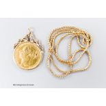 A Victorian 1879 gold sovereign, now in a yellow metal pendant mount, on a 9ct gold chain, gross
