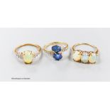 Two modern 9ct gold, opal and diamond set dress rings, size P & P/Q and one other 9ct gold and two