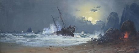 Frank Bramley (1857-1915)Shipwreck at nightPastel on buff paperSigned34 x 85cm.