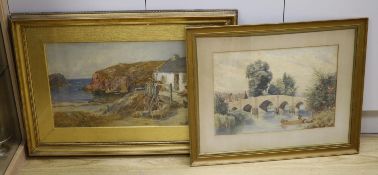 Richard Wane (1852-1904), watercolour, Cornish harbour scene, signed, 35 x 59cm. and a watercolour