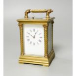 A French brass repeating carriage clock, c.1900, stamped R &Co. Paris, 15.5 cm high handle up