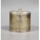 A 19th century Dutch white metal oval tea caddy, height 11.3cm, with lock, no key, 9oz.