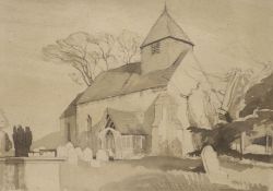 Charles Knight R.W.S., R.O.I. Westmeston Church, black ink and wash, 27 x 38cm.