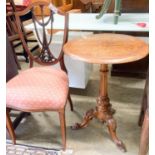 A Victorian burr walnut circular wine table, diameter 49cm, height 70cm together with an Edwardian