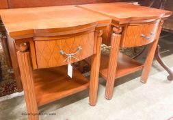 A pair of mahogany bowfront bedside cabinets, width 50cm, depth 50cm, height 62cm