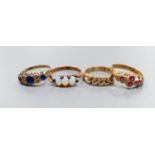 Four early 20th century 9ct gold and gem set rings including three stone opal with seed pearl