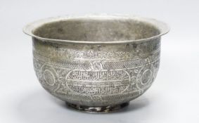A Mamluk style tinned copper inscribed bowl, 22.5 cm diameter