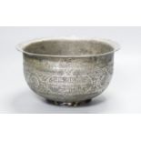 A Mamluk style tinned copper inscribed bowl, 22.5 cm diameter