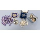 Mixed jewellery including a Victorian enamelled and plaited hair mourning brooch, a giardinetto
