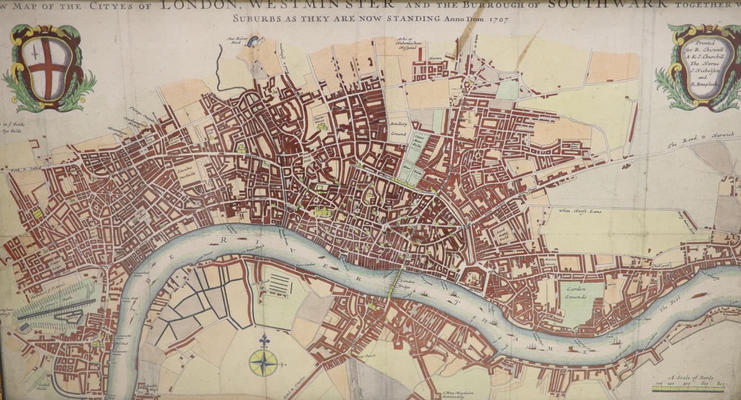 Two coloured engraved maps and views - ‘’New map of the Cityes of London, Westminster and the - Image 2 of 3