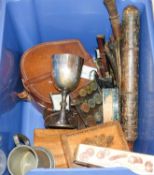 A Victorian truncheon, Tunbridgeware box, two kukri and sundries