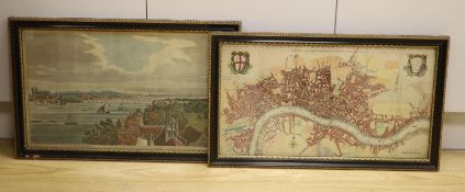 Two coloured engraved maps and views - ‘’New map of the Cityes of London, Westminster and the