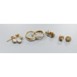Four assorted modern pairs of 9ct and diamond chip set earrings, largest 18mm, gross weight 8.4