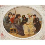 After Boudin, a modern oil on board of women in conversation, oval, 41 x 51cm.