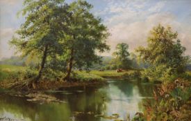 Walter Wallor Caffyn (1845-1898), oil on canvas, River landscape with cattle, signed, 40 x 60cm.