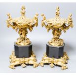 A pair of 19th century French ormolu and black marble pot pourri and covers, 34.5 cm high