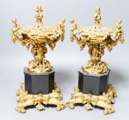 A pair of 19th century French ormolu and black marble pot pourri and covers, 34.5 cm high