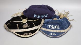 Three early 20th century sporting caps, two probably for London Scottish Football Club (Rugby)