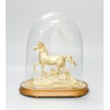 A Victorian gilt metal model of a horse with trophies of war to the base, under a glass dome, total